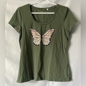 GUESS Olive Green T-Shirt Butterfly Design Size XL